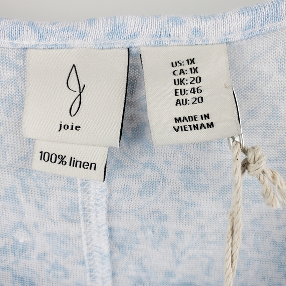 JOIE 100% Linen Short Sleeve Top High Low Round Neck Blue White NWT Plus Size 1X - Picture 4 of 5